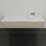 Marquis Cove wall hung vanity with white top, fluted timber grain cabinet and above counter basin in a front view