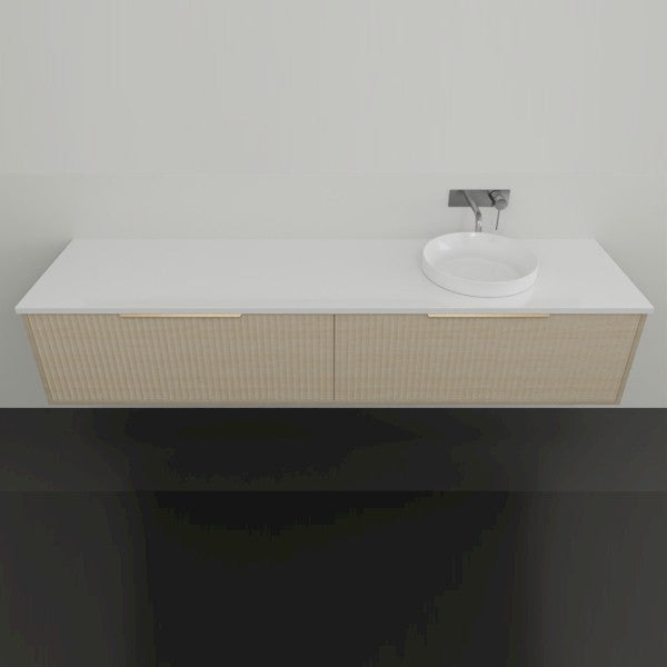 Marquis Cove wall hung vanity with white top, fluted timber grain cabinet and above counter basin in a front view