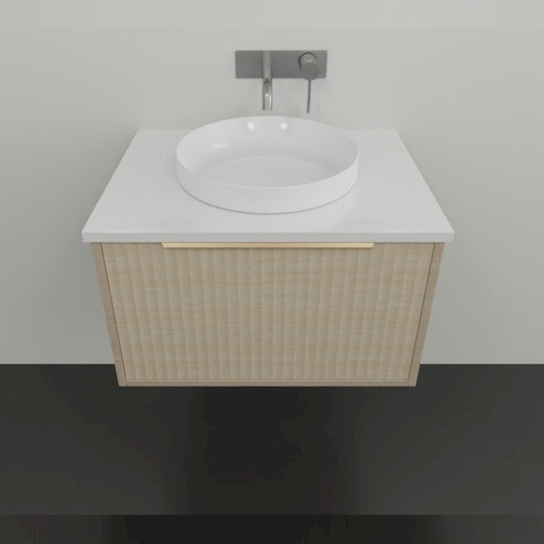 Marquis Cove wall hung vanity in fluted woodgrain finish, with white above-counter basin and white top, front view