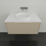 Marquis Cove wall hung vanity with fluted oak finish, white benchtop and round above-counter basin