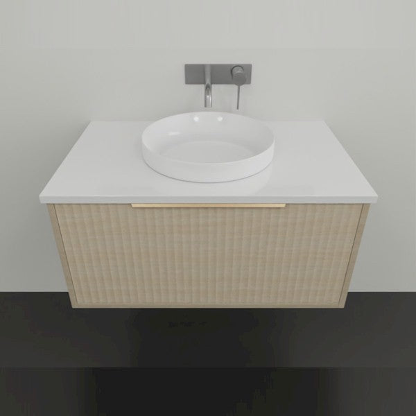 Marquis Cove wall hung vanity with fluted oak finish, white benchtop and round above-counter basin