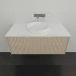 Marquis Cove wall hung vanity with white top, fluted timber grain cabinet and round above-counter basin