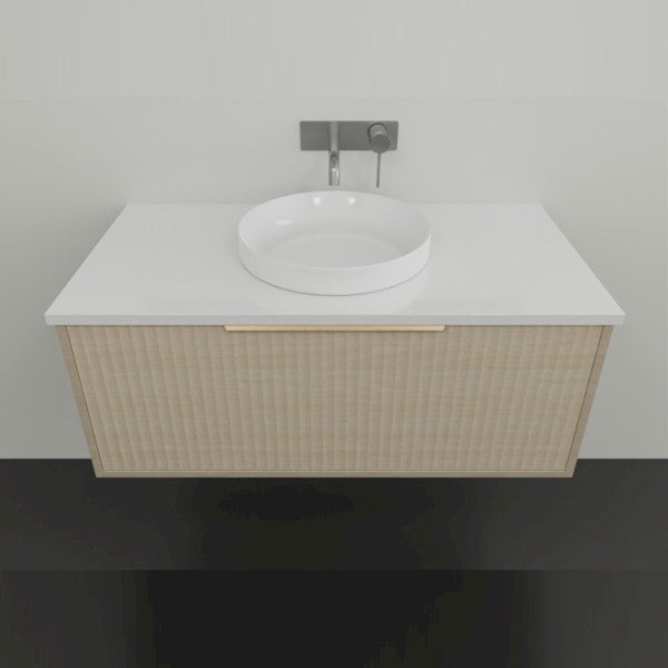 Marquis Cove wall hung vanity with white top, fluted timber grain cabinet and round above-counter basin