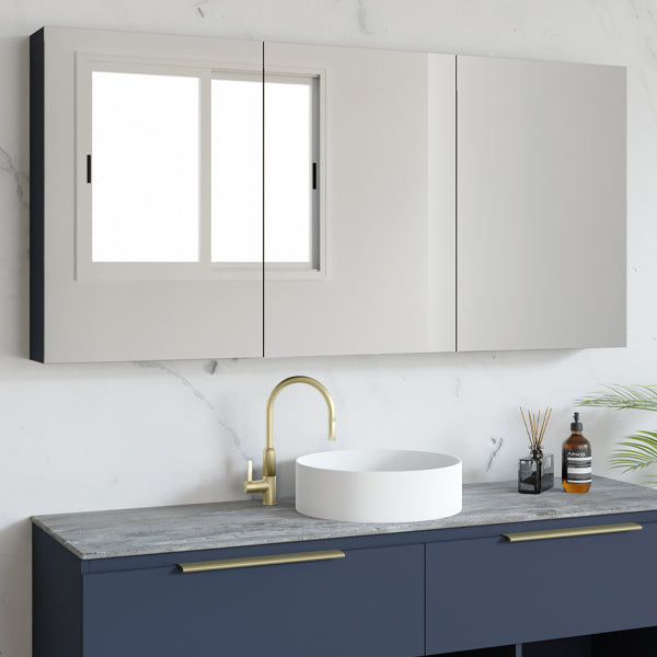 Marquis frameless wall-hung shaving cabinet in light grey, rectangular mirror doors above a bathroom vanity with navy drawers.