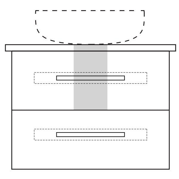 Marquis Gold wall hung vanity technical drawing showing centre bowl basin, benchtop and two drawers with recessed fingerpulls