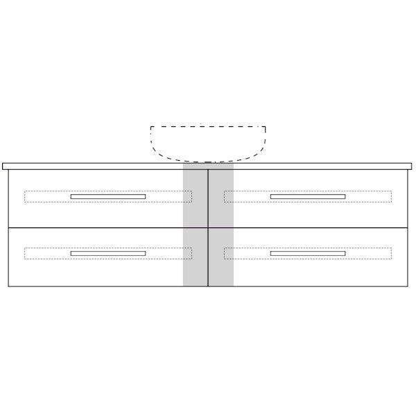 Marquis Gold wall hung vanity technical drawing, front view, with centre basin and four drawers on a white background