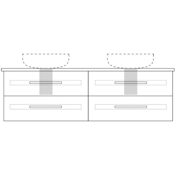 Marquis Gold wall hung vanity technical drawing with double basin and four drawers, front view, in white line art
