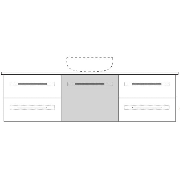 Marquis Gold wall hung vanity in front view with centre basin cut-out and six drawers across a wide cabinet