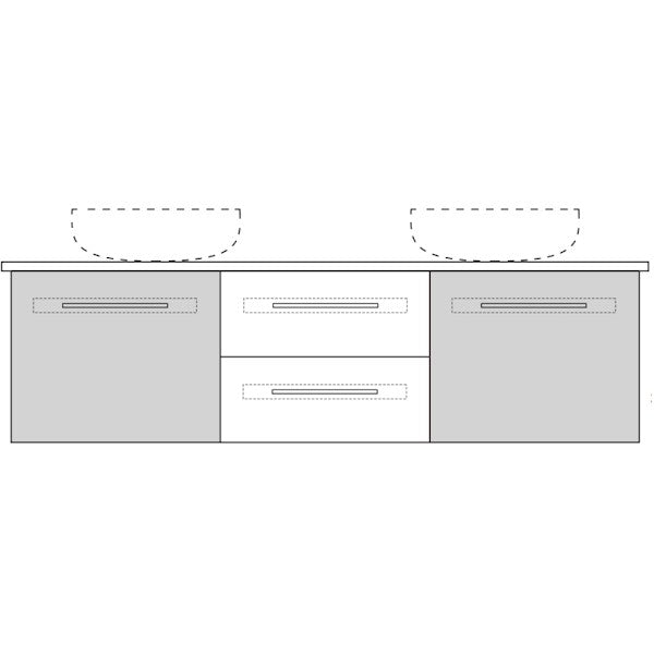 Marquis Gold wall hung vanity technical drawing with two basins, central drawers and recessed fingerpull handles