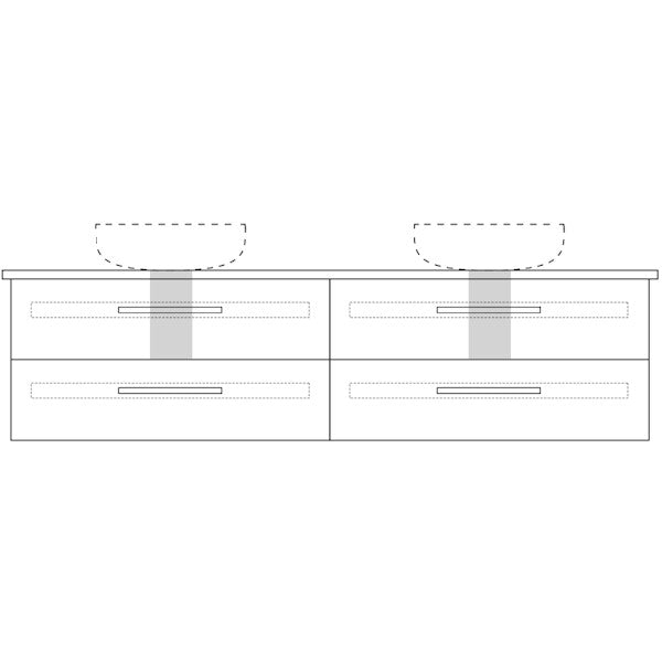 Marquis Gold wall hung vanity technical drawing showing a 4-drawer front with two above-counter basins