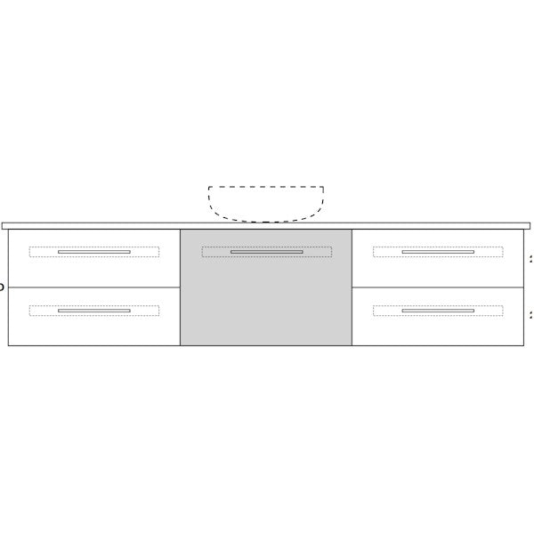 Marquis Gold wall hung vanity technical drawing, front view, centre basin cut-out and six drawers shown