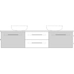 Marquis Gold wall hung vanity technical drawing, 3 drawer front in white with dual above-counter basins outline
