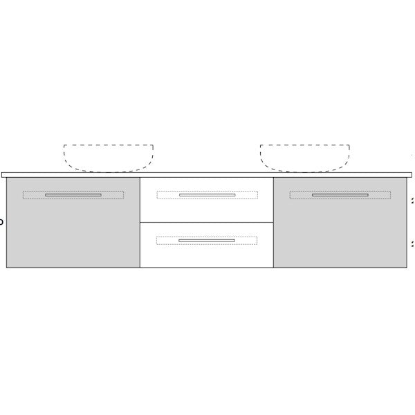 Marquis Gold wall hung vanity technical drawing, 3 drawer front in white with dual above-counter basins outline