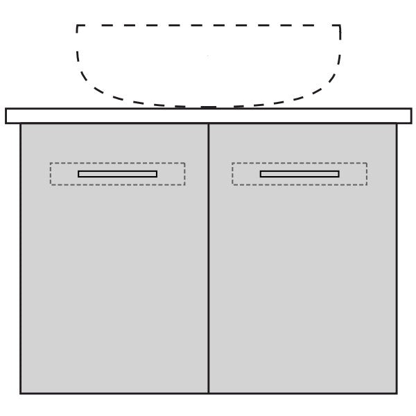 Marquis Gold 1200mm wall hung vanity diagram with dual doors, offset basin outline and recessed fingerpull handles