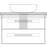 Marquis Gold wall hung vanity technical drawing with double drawer front, recessed fingerpulls and above-counter basin outline