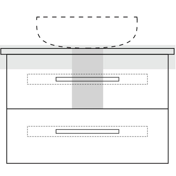 Marquis Gold wall hung vanity technical drawing with double drawer front, recessed fingerpulls and above-counter basin outline