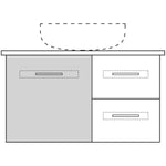 Technical drawing of Marquis Gold wall hung vanity in grey and white, with basin outline, drawers and a centre bowl layout