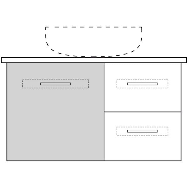 Technical drawing of Marquis Gold wall hung vanity in grey and white, with basin outline, drawers and a centre bowl layout
