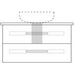Technical drawing of Marquis Gold wall hung vanity, 1500mm double bowl all-drawer, with recessed fingerpull drawers and above counter basin outline