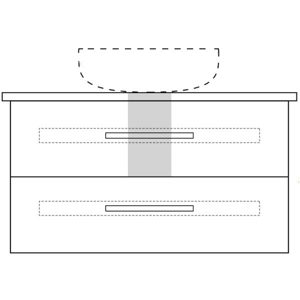 Technical drawing of Marquis Gold wall hung vanity, 1500mm double bowl all-drawer, with recessed fingerpull drawers and above counter basin outline