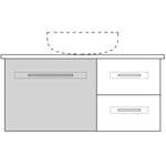 Marquis Gold wall hung vanity front view, door and drawer layout with centre bowl basin outline, grey and white finish