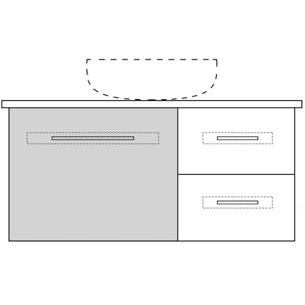 Marquis Gold wall hung vanity front view, door and drawer layout with centre bowl basin outline, grey and white finish