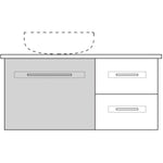 Marquis Gold wall hung vanity, front view drawing with centre basin, large drawer and two right-side drawers, white top, grey cabinet