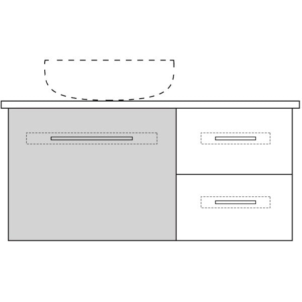 Marquis Gold wall hung vanity, front view drawing with centre basin, large drawer and two right-side drawers, white top, grey cabinet