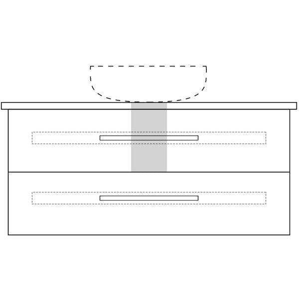 Marquis Gold wall hung vanity technical drawing, 1800mm centre bowl, all drawer configuration, with basin outline above countertop