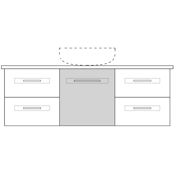 Marquis Gold 1800mm wall hung vanity, centre bowl, door and drawer layout, shown in technical line drawing view