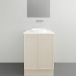 Marquis Hamilton floor standing vanity in light woodgrain finish with white solid surface top and round basin, front view