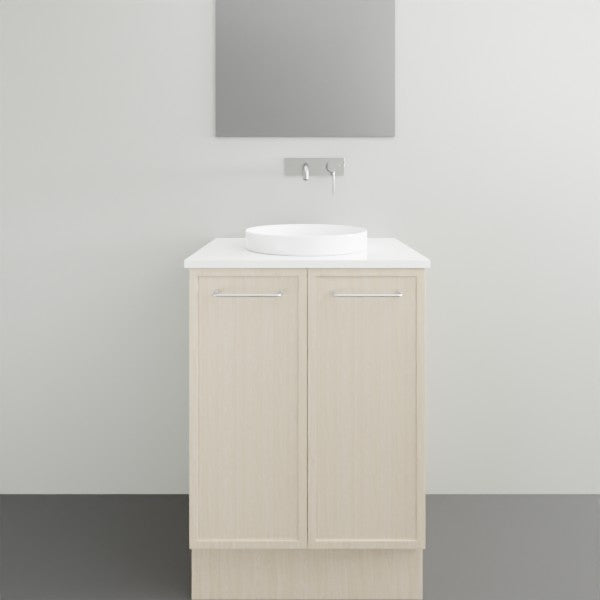 Marquis Hamilton floor standing vanity in light woodgrain finish with white solid surface top and round basin, front view
