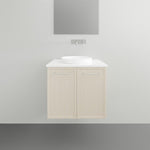 Marquis Hamilton wall hung vanity with white solid surface top and round basin, light woodgrain finish, front view