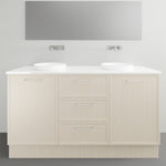 Marquis Hamilton floor standing vanity in light woodgrain with white solid surface top and double basin