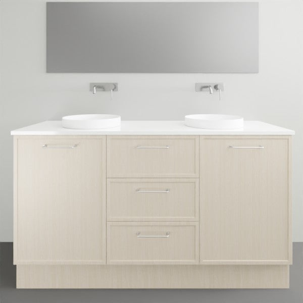 Marquis Hamilton floor standing vanity in light woodgrain with white solid surface top and double basin