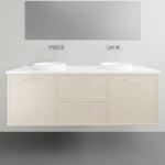 Marquis Hamilton wall hung vanity in light woodgrain with white solid surface top and twin basins, front view
