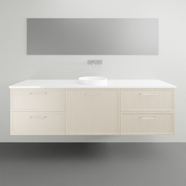 Marquis Hamilton wall hung vanity in light oak finish with white solid surface top and round basin, front view