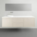 Marquis Hamilton wall hung vanity with white solid surface top, light woodgrain finish and above-counter basin on a wall-mounted view