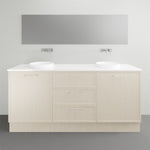 Marquis Hamilton floor standing vanity with white solid surface top and twin round basins in light woodgrain finish