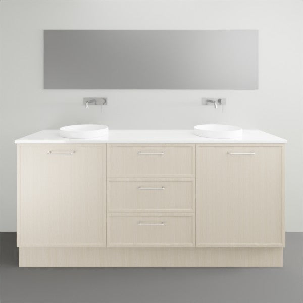 Marquis Hamilton floor standing vanity with white solid surface top and twin round basins in light woodgrain finish