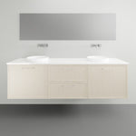 Marquis Hamilton wall hung vanity with white solid surface top, light woodgrain finish and twin round basins