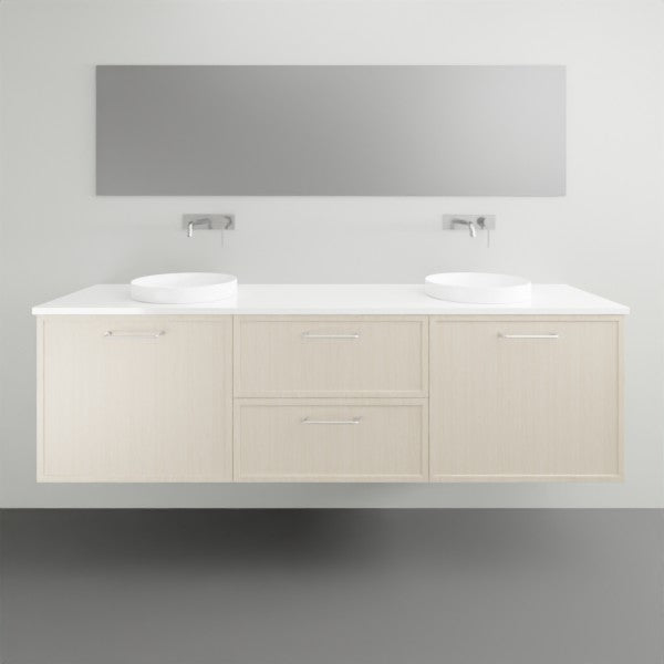 Marquis Hamilton wall hung vanity with white solid surface top, light woodgrain finish and twin round basins