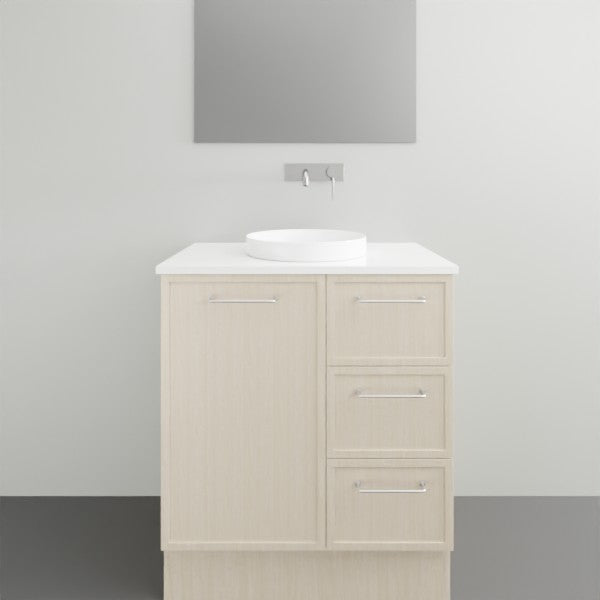 Marquis Hamilton floor standing vanity in light woodgrain with white solid surface top and round basin, front view