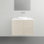 Marquis Hamilton wall hung vanity with white solid surface top, offset basin and light woodgrain drawers in a bathroom setting