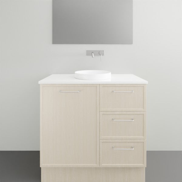 Marquis Hamilton floor standing vanity in light woodgrain finish with white solid surface top and round basin