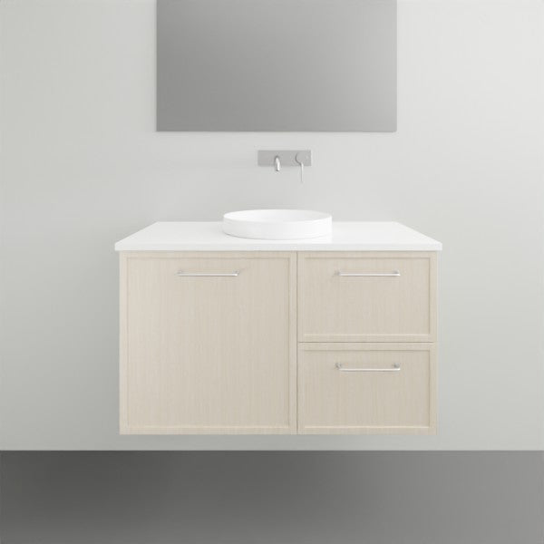 Marquis Hamilton wall hung vanity with white solid surface top, white round basin and light woodgrain shaker drawers