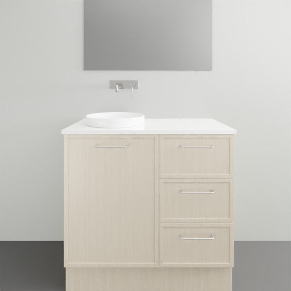 Marquis Hamilton floor standing vanity in light wood finish with white solid surface top, single round basin and chrome handles