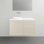 Marquis Hamilton wall hung vanity with white solid surface top, light woodgrain finish and round basin in front view