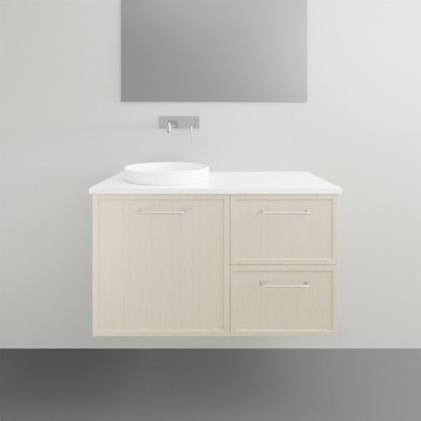 Marquis Hamilton wall hung vanity with white solid surface top, light woodgrain finish and round basin in front view