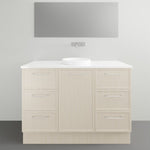 Marquis Hamilton floor standing vanity with white solid surface top and round basin, in light woodgrain finish, front view